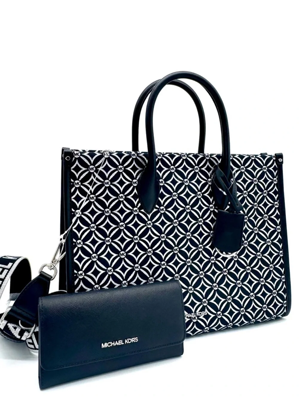 Michael Kors Medium Mirella Tote Bag & Large Trifold Wallet - Black /Silver